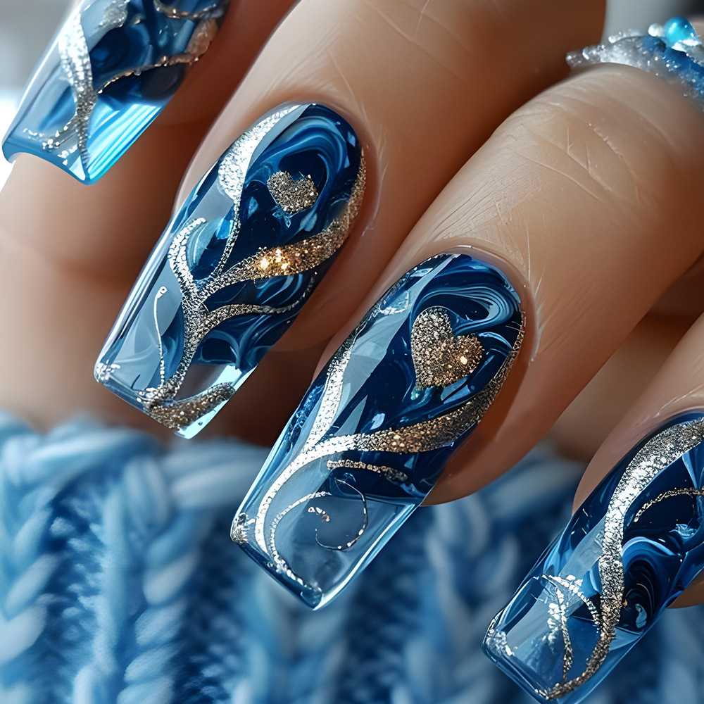 Nail Art Press On - 24 pièces bleu presse sur ongles